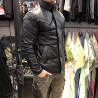 new 2021 mens genuine sheepskin leather duck down coat winter jacket for male patchwork stand collar black blue plus size xl