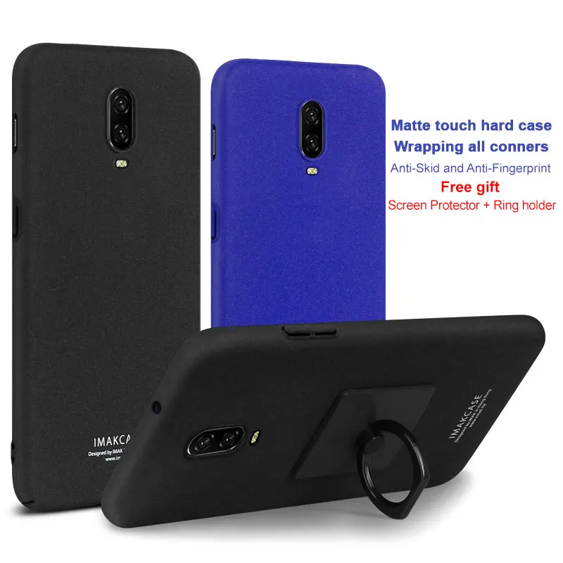 IMAK Back Cover for OnePlus 6T Coque Matte Surface Shell Ring Grip Stent PC Phone Case + Screen Film Cases |