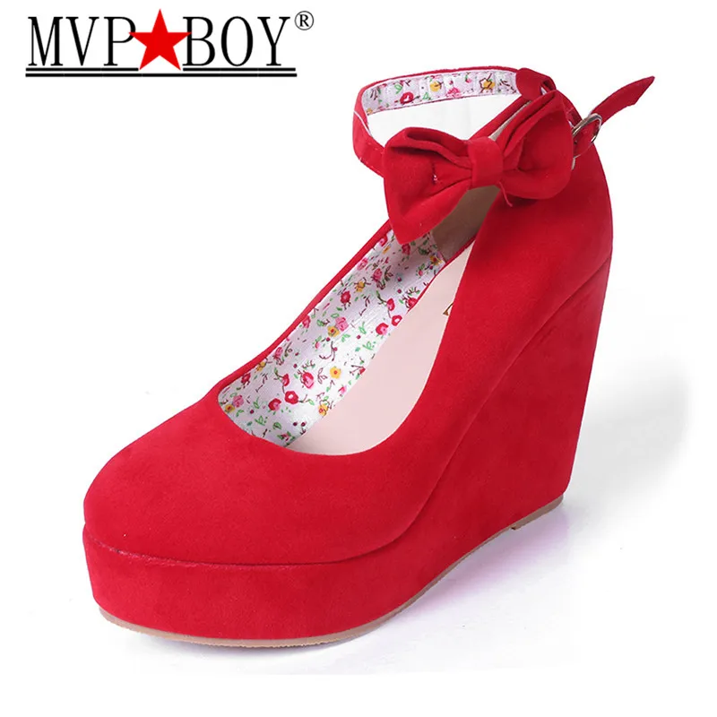 MVP BOY Women High Heels Shoes Plus Size Platform Wedges Female Pumps Elegant Flock Buckle Bowtie Ankle Strap Party Wedding | Обувь