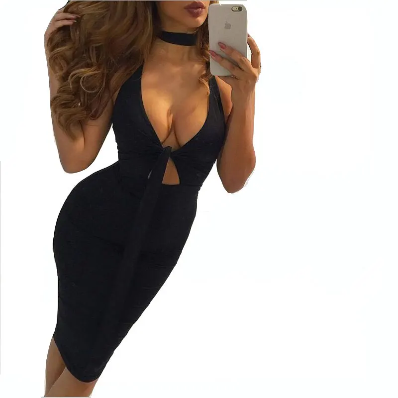 2017 Авенир Зима Новый Sexy Тонкий Глубокий V Шеи Женщины платья Bodycon Твердые Low Cut