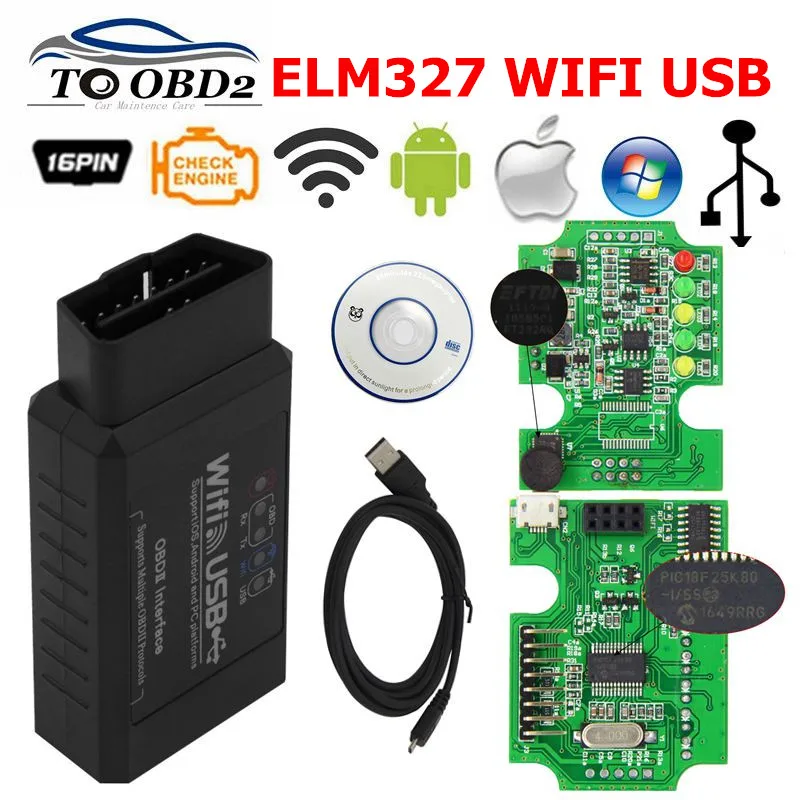 ELM327 WI FI USB V2.1 Беспроводной OBDII сканера автомобиль работает Torque для Android/iOS