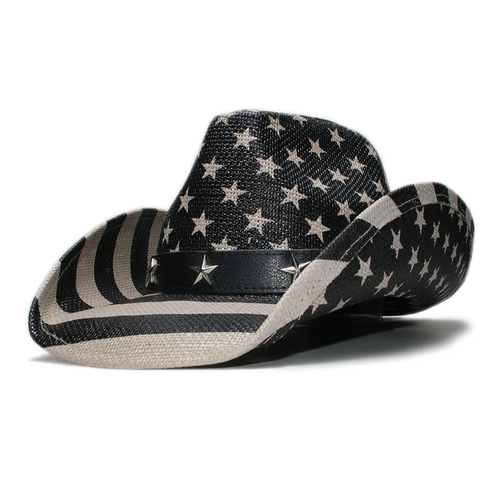 

Retro National Flag Unisex's Hard Paint Straw Wide Brim Stripe Sun Beach Cowboy Cowgirl Western Hat Leather Star Band (58cm)