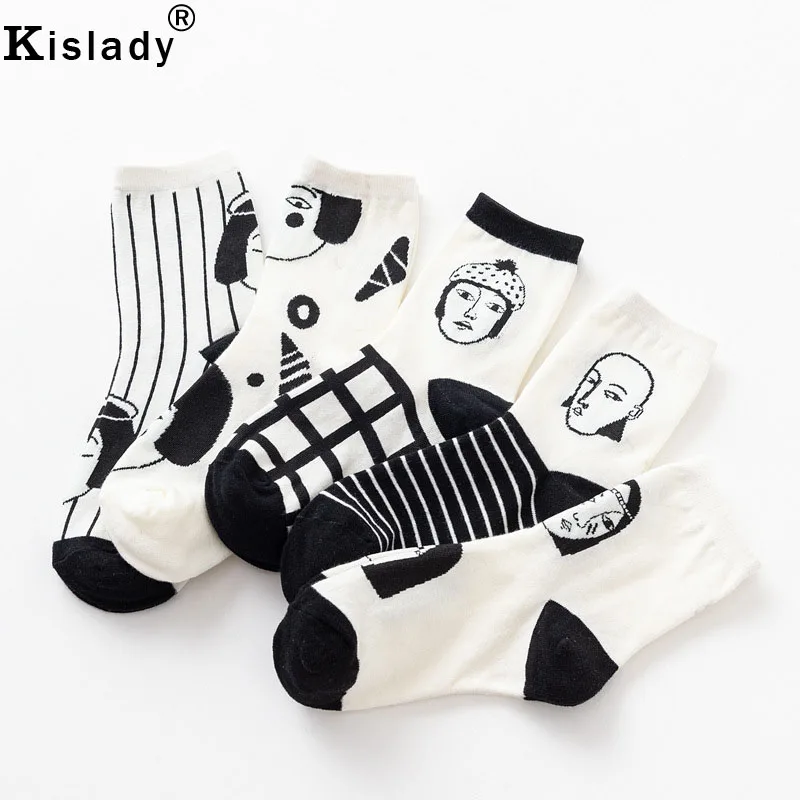 2018 Модные женские черно-белые кавайные японские корейские носки полосатые
