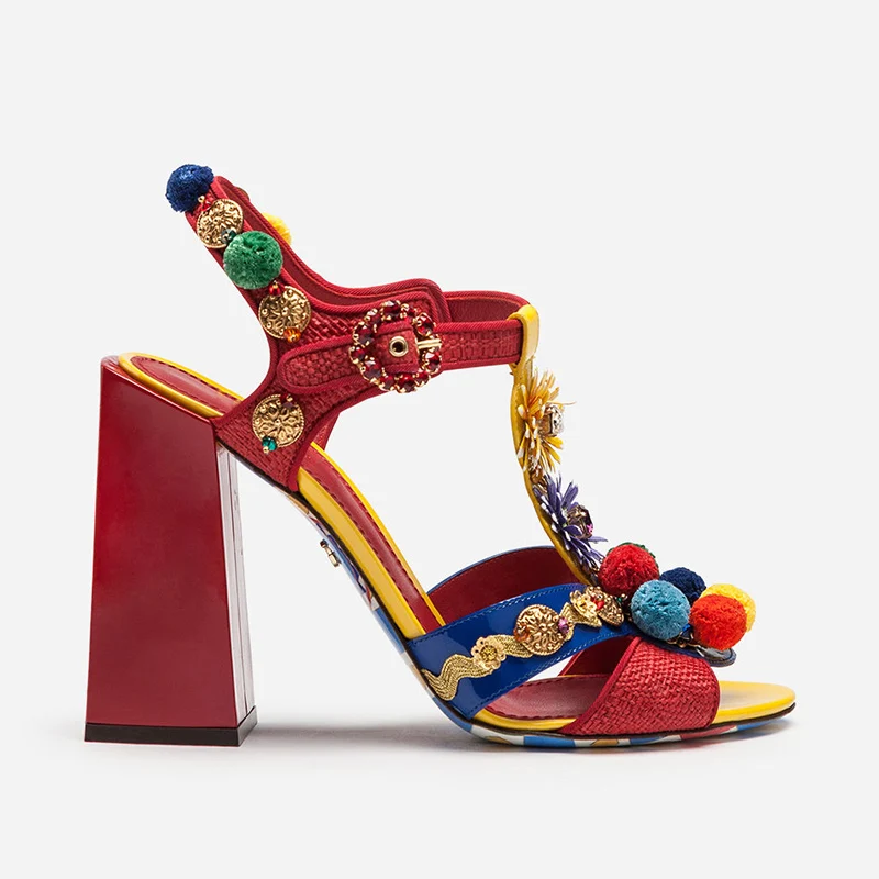 

New Pom Ball Decor Sandal Shoes Patent Leather High Heel Sandals Red Bohemian Rhinestone Female Sandals Shoes