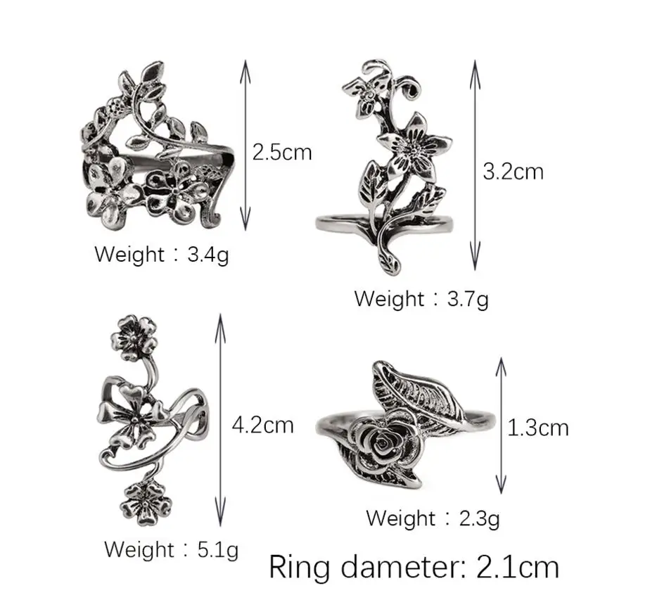 4 шт./компл. серебряные винтажные кольца для женщин турецкие с большим цветком и