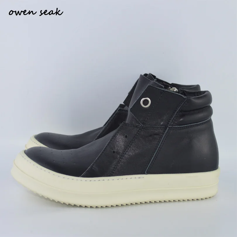 baratas Owen Seak Homens Sapatos De Salto Alto Botas De Tornozelo De Luxo Formadores De Couro Genuíno Casual Marca Zip Planos Preto Branco Tamanho Grande Sapatilha
