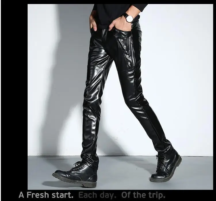 New Men Skinny Leather Pants Fashion Faux Leather Trousers For Male DJ Rock Stage Club Wear Biker Motorcycle Pants