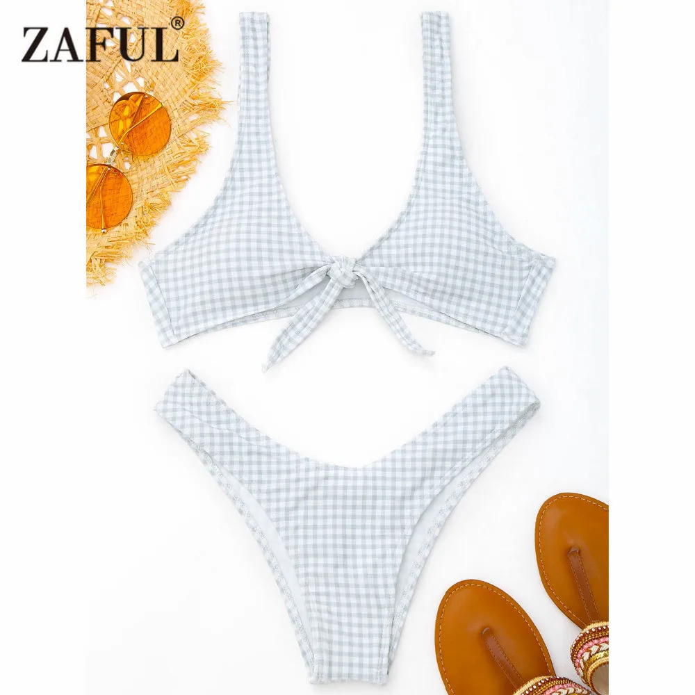 ZAFUL Новинка 2017 года Для женщин стринги плед с завязкой спереди комплект бикини
