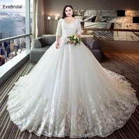 evebridal plus size wedding dress bridal gown floor length chapel train applique beading a line boat neck 34 sleeve