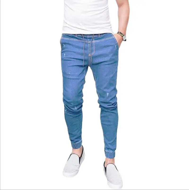 Light Blue Модные Для мужчин со штанами-Шароварами, джинсы Для мужчин светильник мыть ноги блестящие джинсовые штаны в стиле «хип-хоп» Спортивная одежда с эластичной резинкой на талии, штаны для бега - Цвет: Light Blue