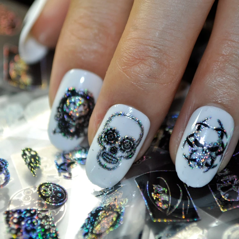 1 шт. лазерная 3D Фольга для ногтей изображение черепа наклейки смешанный стиль