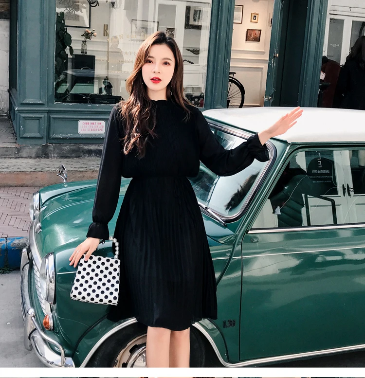 New Fashion women Spring summer Ruffled-Neck Full-sleeve solid colour casual office lady elegance Sashes pleated Chiffon dress | Женская