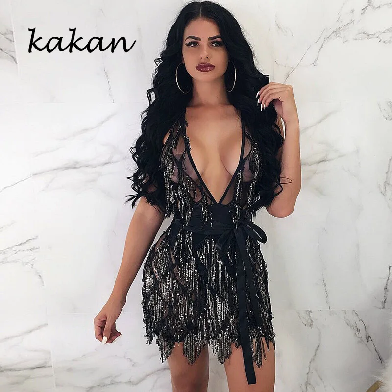Kakan Новое лучшее женское платье с блестками из двух частей сексуальное платье для ночного клуба с открытой спиной с глубоким v-образным вырезом и кисточками, Клубное вечернее платье с блестками - Цвет: Черный
