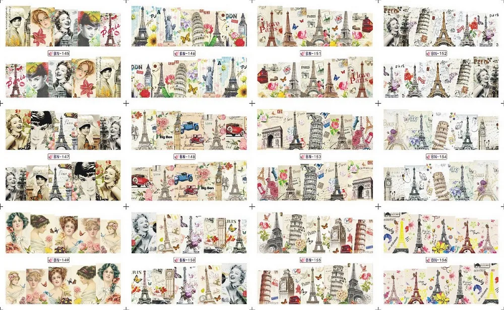 12 упак./лот переводка NAIL ART наклейки на ногти полное покрытие LONDEN Биг Бен Париж Италия башня BN145-156