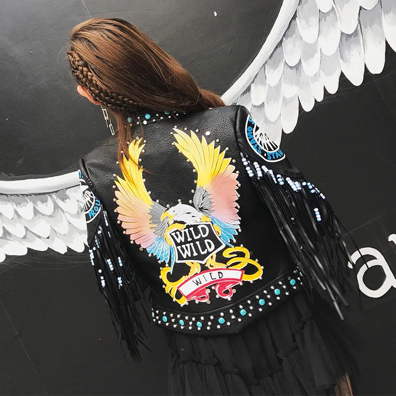 Таиланд прилив бренд Для женщин PU искусственной Кожаная куртка Eagles граффити