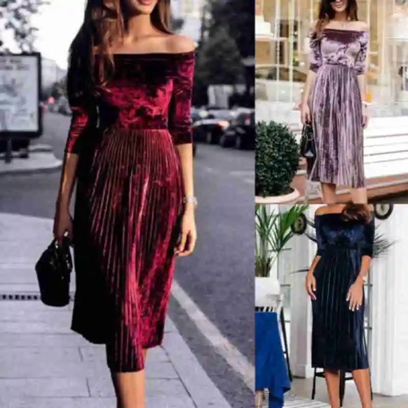 Fashion Women's Off-Shoulder Long Sleeve Pleated Velvet Formal Dress Evening Party Midi | Женская одежда