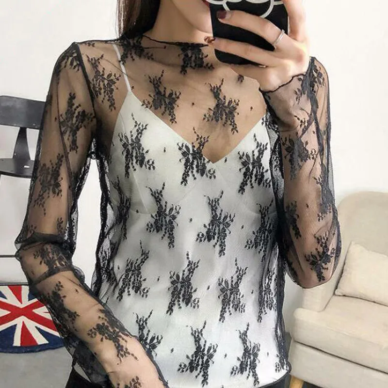 S XL Женская Весенняя белая кружевная футболка Сетчатая Прозрачная майка с