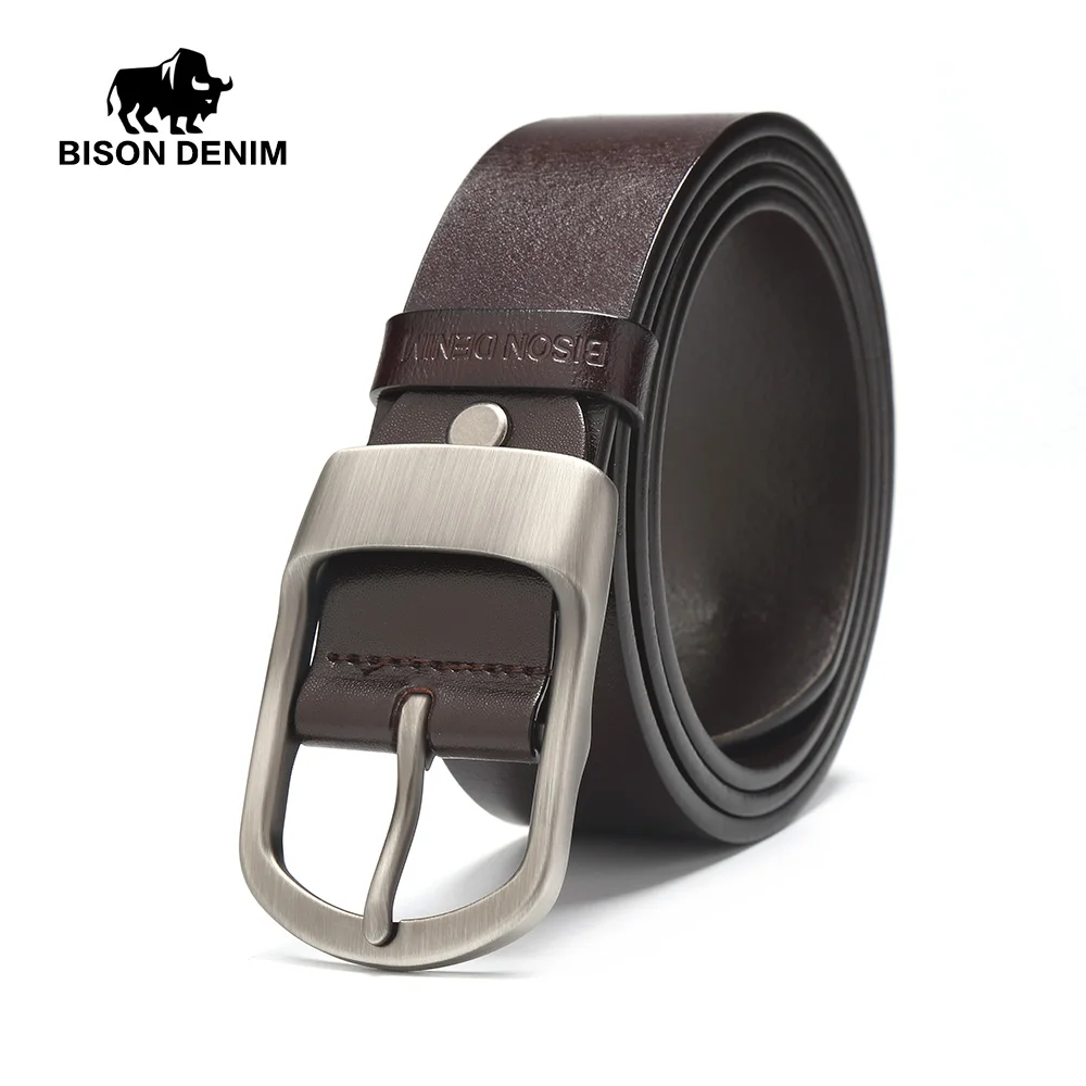 BISON DENIM известный Мужской ремень джинсы из натуральной кожи с пряжкой ковбойские ремни для мужчин винтажный бренд воловья кожа Пояс N71228 - Цвет: coffee