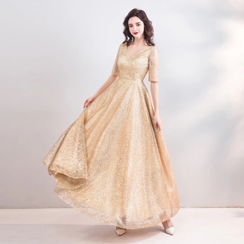 SSYFashion новый простой вечернее платье Champagne Gold Половина рукавами v-образным вырезом