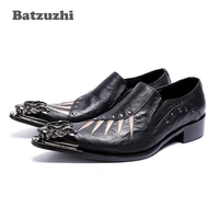 batzuzhi japanese handsome men shoes pointed metal tip genuine leather dress shoes men black business oxford flats designer shoe