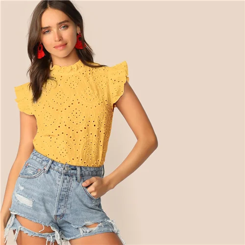Цвет: желтый SHEIN модный топ с рюшами, вышивкой и ушками, Boho, белый, розовый, однотонный, без рукавов, со стоячим воротником, блузка, Женские топы и блузки - Цвет: Цвет: желтый