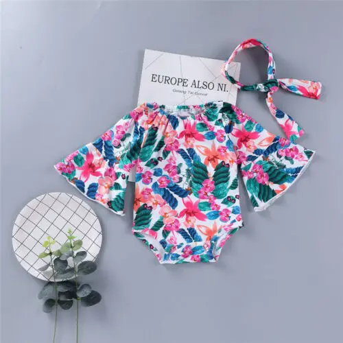 

Baby Romper Newborn Baby Girl Long Sleeve Floral Short Sleeve Romper Headband Outfits Set 0-24M
