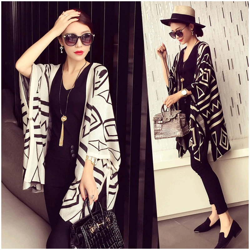 Осенний вязаный кардиган-накидка асимметричного покроя летучая мышь Дамская