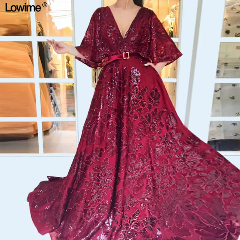 

New Muslim Burgundy Lace Evening Dresses 2019 A-Line V-Neck Short Sleeve Long Evening Prom Party Gowns With Sash Free Shipping