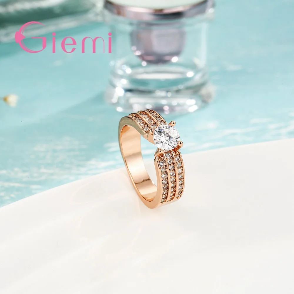 Precious Super Shining Cubic Zirconia Finger Rings Solid Rose Gold Color Crystal Jewelry Present For Girls Bridal Wedding | Украшения и