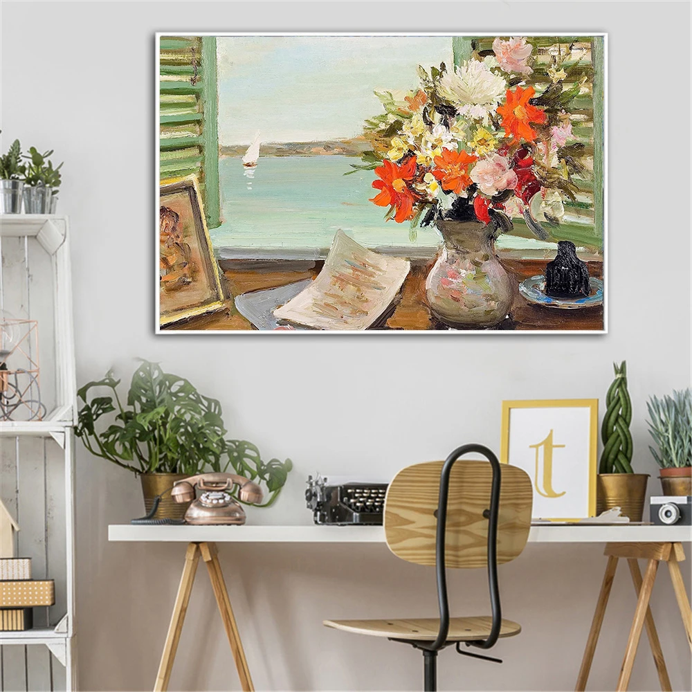 Abstract Art Landscape Window Flowers Poster Vintage Wall Retro Decor Canvas oil Painting Living Room Decoration Home Boat | Дом и сад