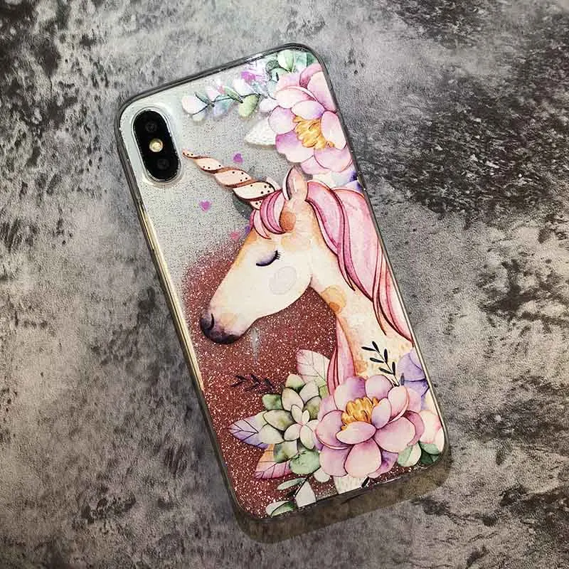 Kerzzil милый Единорог цветы телефонные чехлы для iPhone X 10 динамический блеск звезды