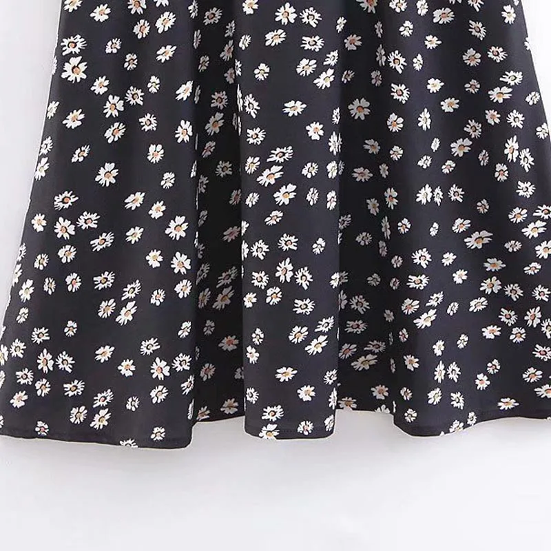 QZ732 для женщин Frech стильный черный цвет ромашка цветочный короткий рукав платье