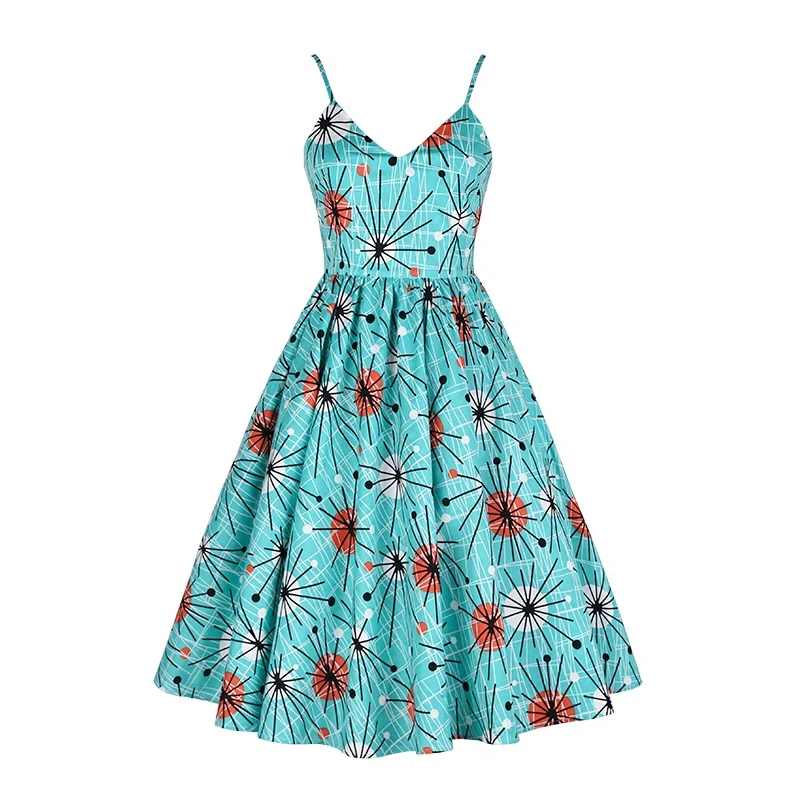 Женское винтажное свободное платье 50s kitsch синее с atomic v образным вырезом размера