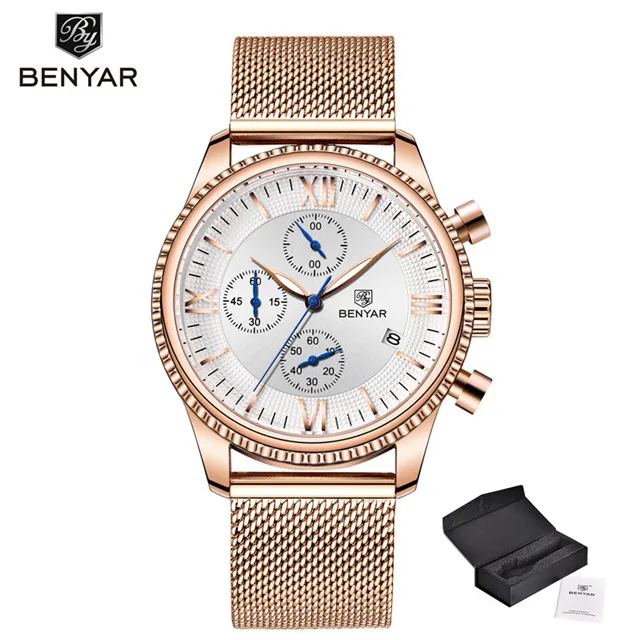 Gold White BENYAR, мужские часы, модные спортивные Кварцевые Золотые часы, мужские часы, мужские часы, Топ бренд, Роскошные водонепроницаемые часы - Цвет: Gold White