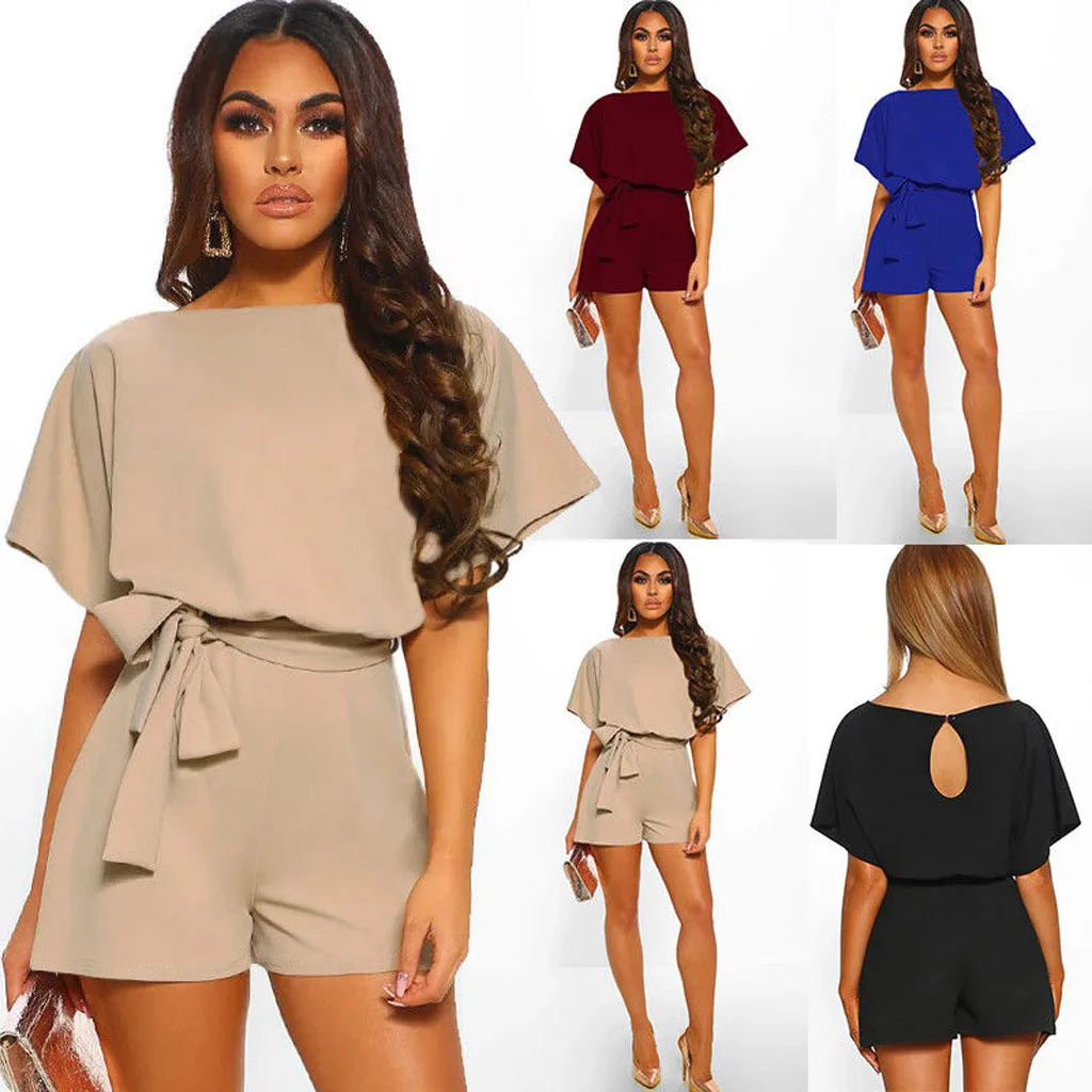 Сексуальные женские s комбинезоны однотонные с круглым вырезом коротким рукавом