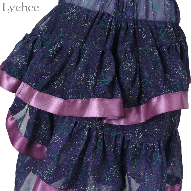Lychee Harajuku Irregular Pleated Skirt Spring Summer A Line Floral Print Skirts Casual Sweet Knee-Length Short | Женская одежда