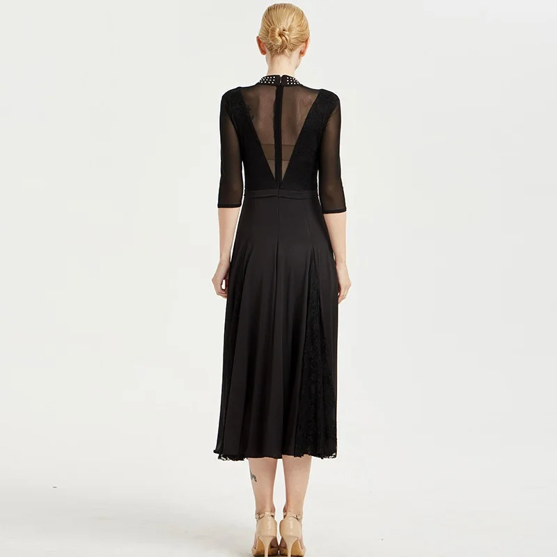 Черное Кружевное Платье для современных танцев с сетчатыми рукавами костюм