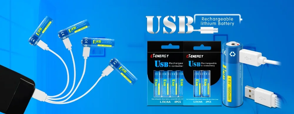 CT ENERGY AA 1,5 V 1600mAh батарея 4 шт USB быстрая зарядка перезаряжаемая литий-полимерная батарея заряжается от кабеля Micro USB