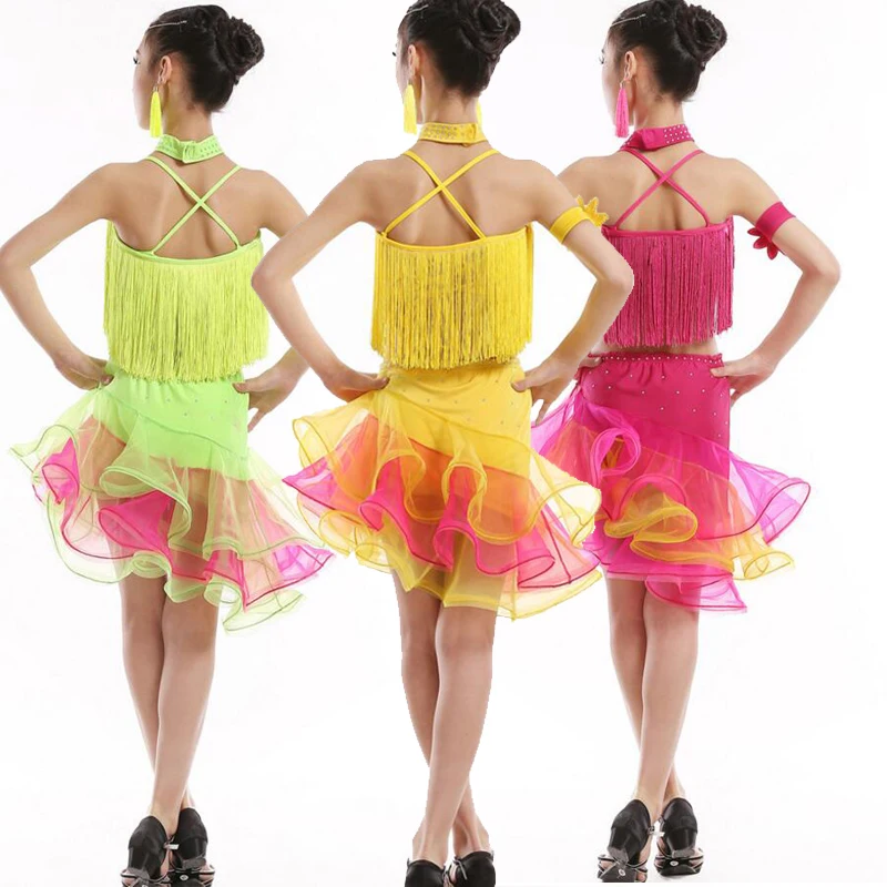 Children Ballroom Latin Dancing Dress Girl Salsa Stage wear Tassels Dance Costume Kids Skating Costumes Outfits | Тематическая