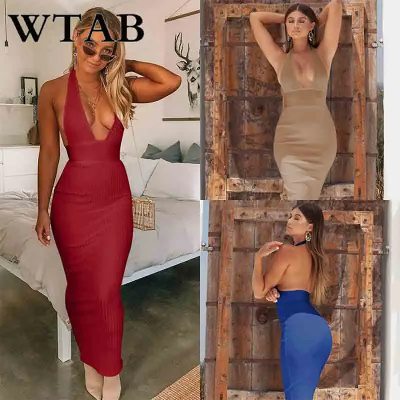 WTAB vestidos Полосатое летнее платье с лямкой на шее женское трикотажное открытой