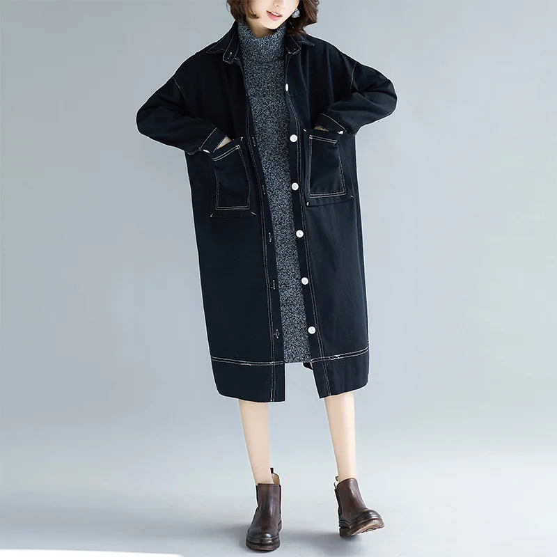 Johnature New Denim Loose Casual Korean Women Coats Autumn Winter Fashion Turn-down Collar Full Sleeve Button Women Trench