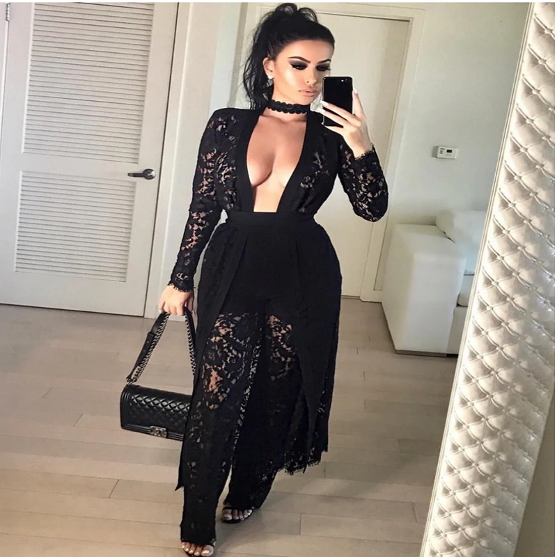 2018 черный Кружево крючком из двух частей комплект женские комбинезон и