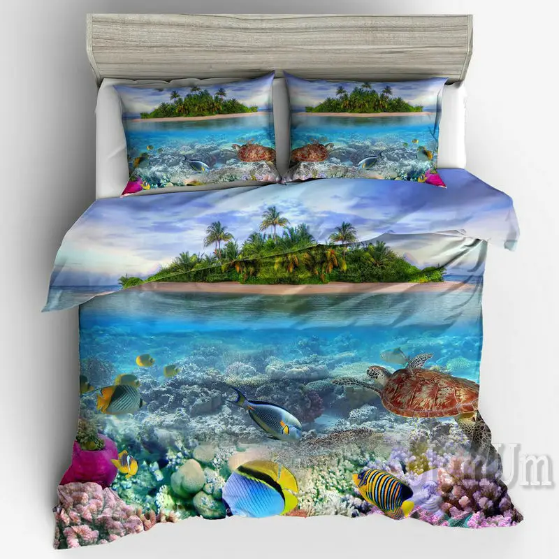 3D Набор постельного белья 3 шт. Рисунок черепахи Дельфина Подводный мир Наволочки с односпальным, двуспальным, королевским размером Великобритания, Франция, Германия.