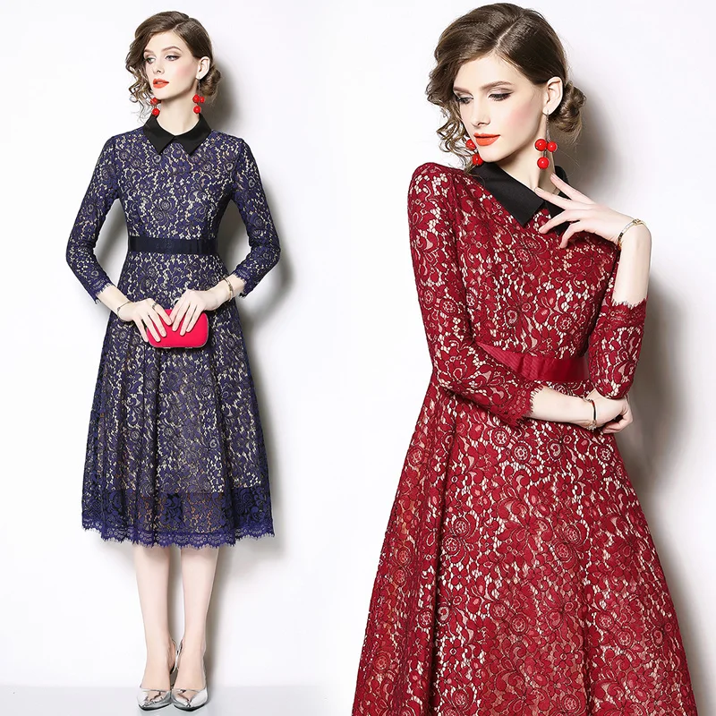 Весенняя одежда с длинным рукавом Винтаж кружевное платье Robe Femme Hiver 2021 миди