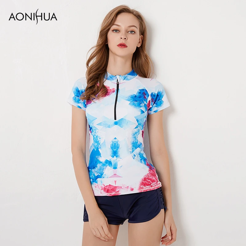 Женский купальный костюм AONIHUA с коротким рукавом облегающий для плавания пляжная