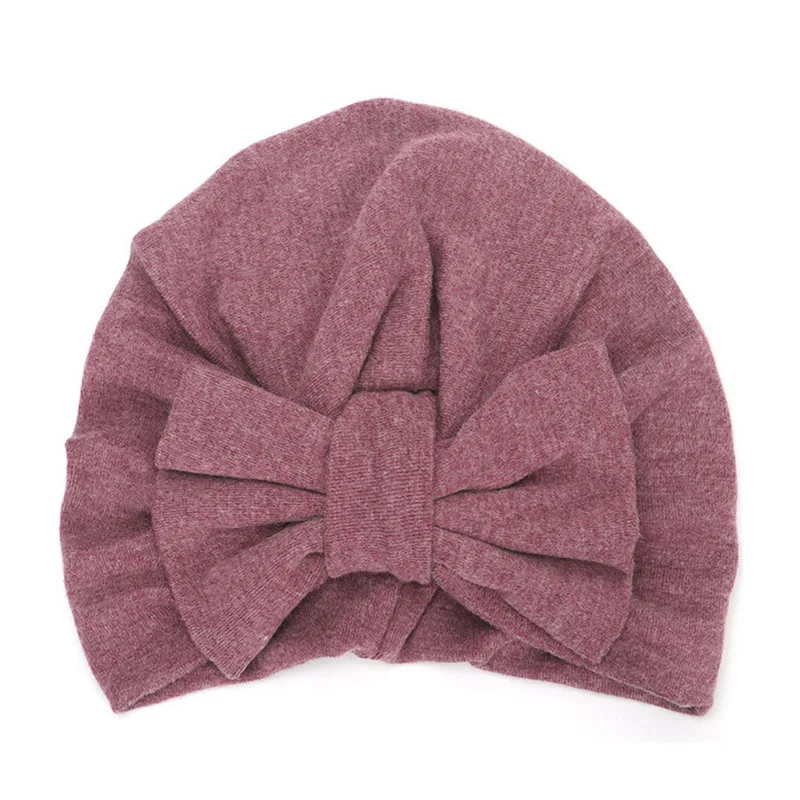 Bows purple Зима-осень, новая Толстая теплая хлопковая вязаная детская шапка с большим бантом, чепчик для новорожденных от 0 до 24 месяцев, вязаная шапка для маленьких девочек, шапочка - Цвет: Bows purple