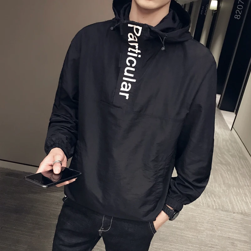 black Пуловер, Солнцезащитная одежда, летние куртки для мужчин, мода, Chaqueta Hombre, уличная куртка-бомбер, куртка с капюшоном, с принтом, верхняя одежда, пальто - Цвет: black