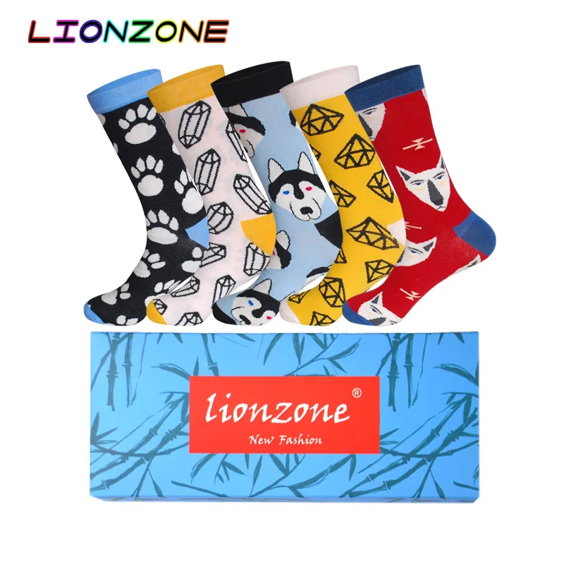 LIONZONE 5 пар/лот смешные мужские носки и женские нейтральные хлопковые лиса волк