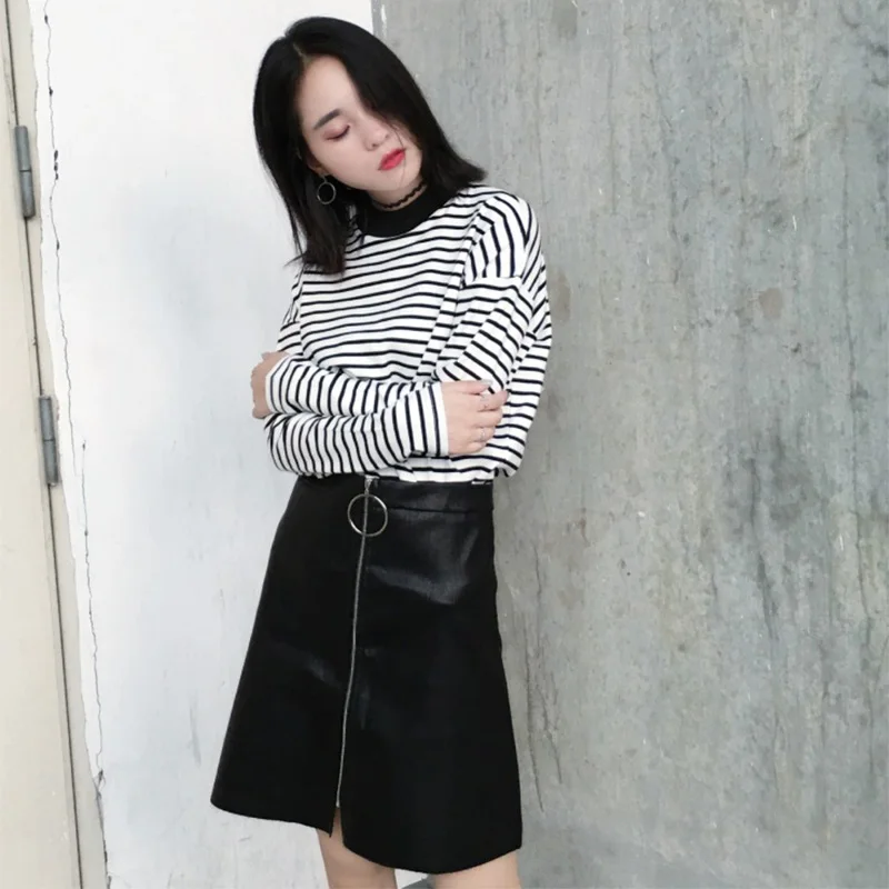 Женская водолазка в Корейском стиле укороченный топ полоску с длинными рукавами