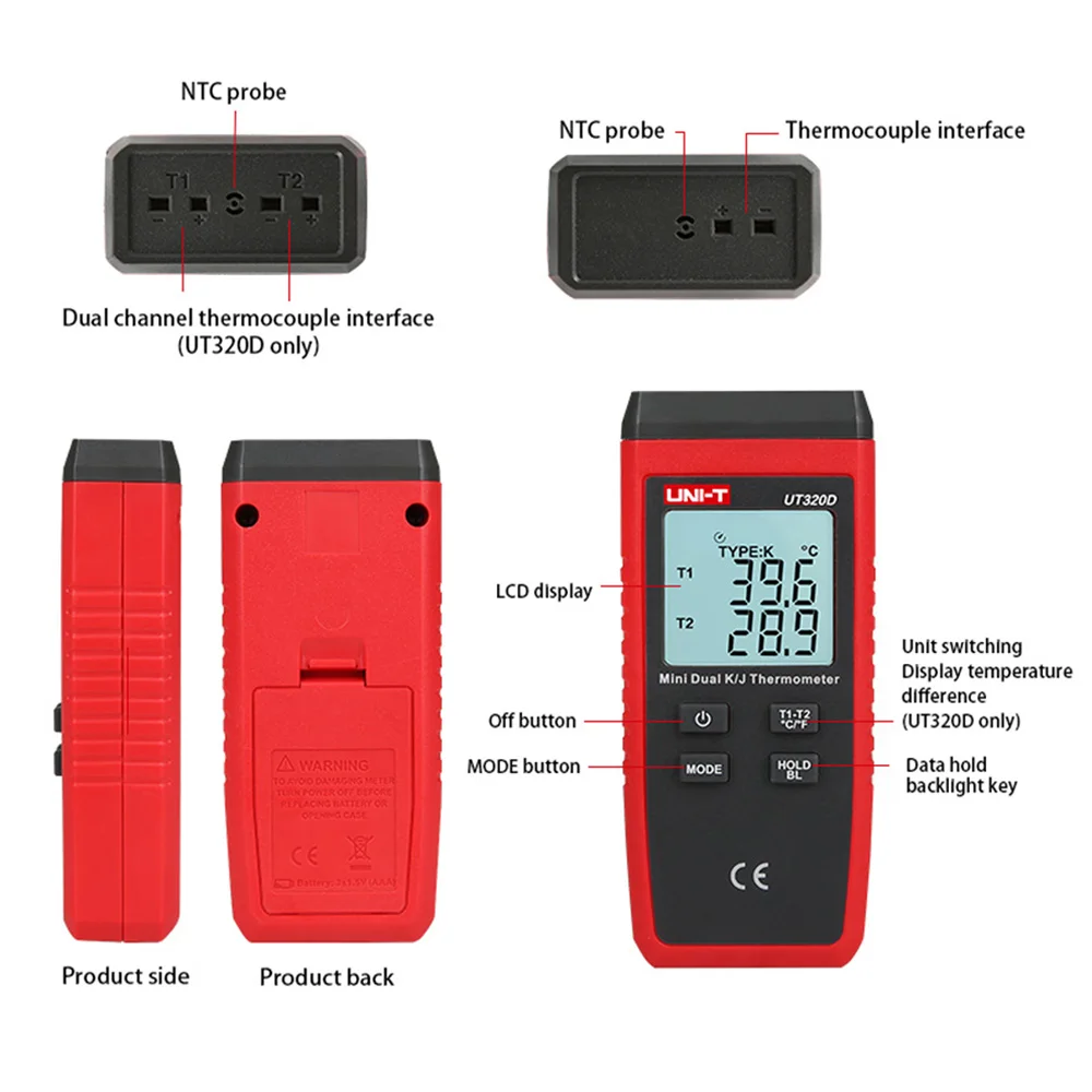 UNI-T Термометр термопары UT320D UT320A LCD подсветка мини контактный Тип двухканальный K/J